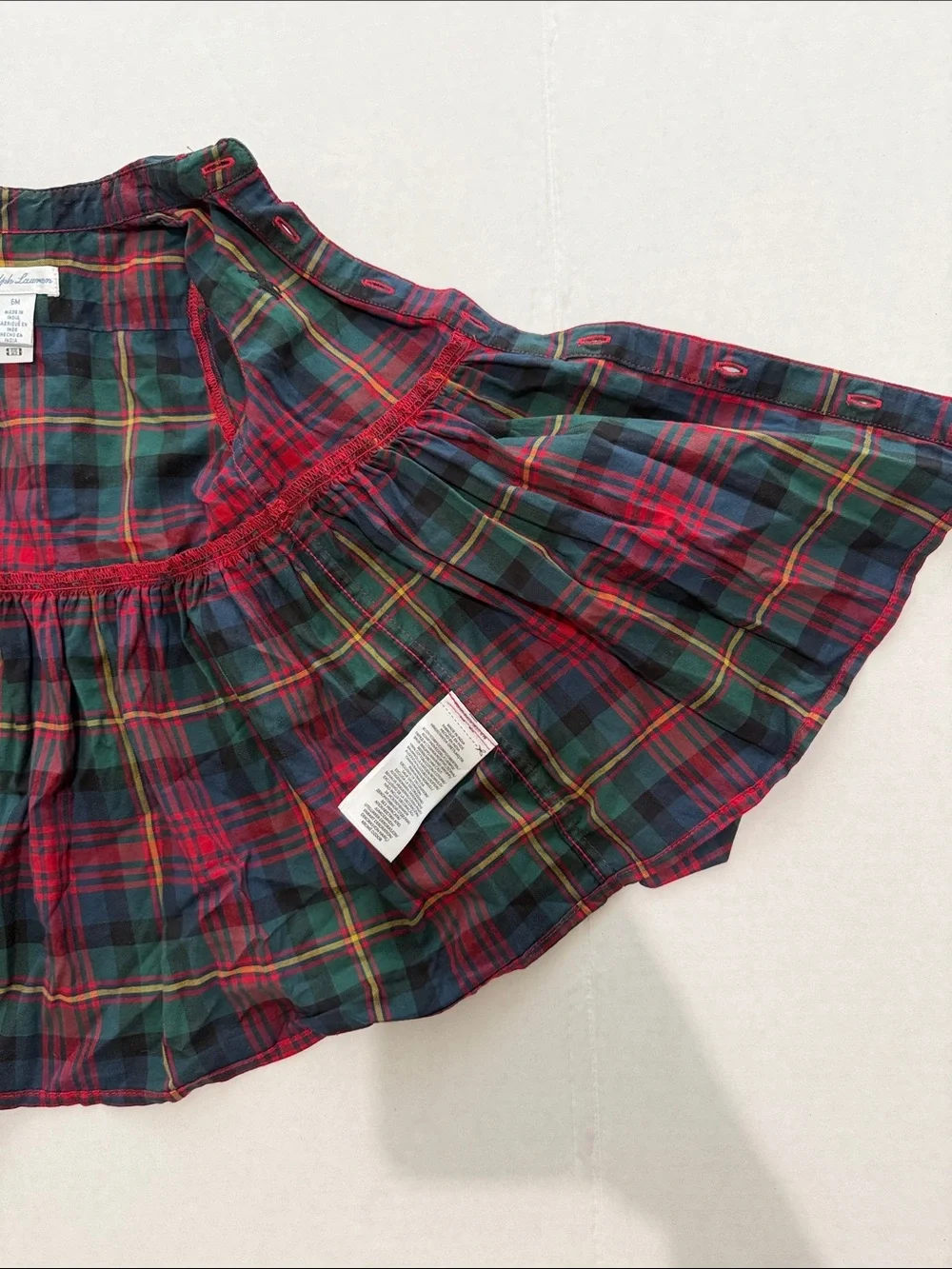 Ralph Lauren Girls 6M Cotton Plaid Button-Down Dress Top in Red & Green